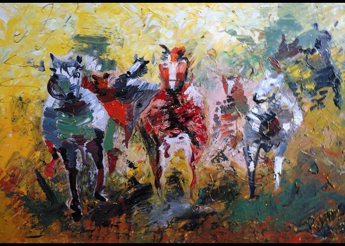 Horses Greeting Card featuring the painting Run for Life by Rumesa Saddozai
