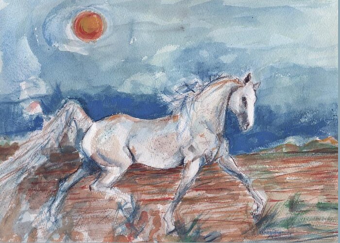 White Horse Greeting Card featuring the painting Running horse by Mary Armstrong