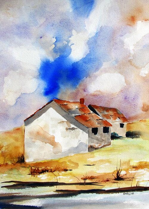 Farmhouse Greeting Card featuring the painting Rural Houses and Dramatic Sky by Carlin Blahnik CarlinArtWatercolor