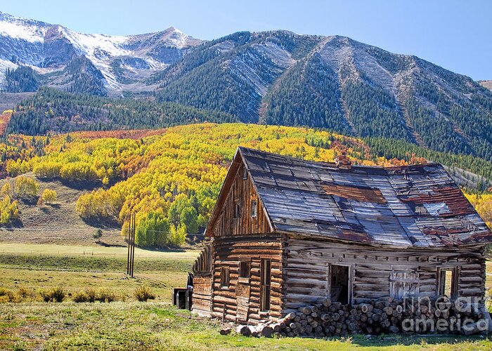 Aspens Greeting Card featuring the photograph Rustic Rural Colorado Cabin Autumn Landscape by James BO Insogna