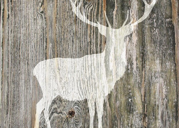 Deer Greeting Card featuring the photograph Rustic White Stag Deer Silhouette On Wood Right Facing by Suzanne Powers