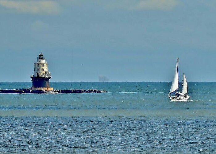 Lighthouse Greeting Card featuring the photograph Sailboat at Harbor of Refuge Lighthouse by Kim Bemis