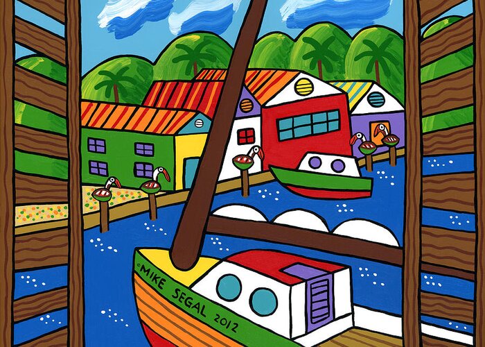 Sailboat Greeting Card featuring the painting Sailboat In The Window by Mike Segal
