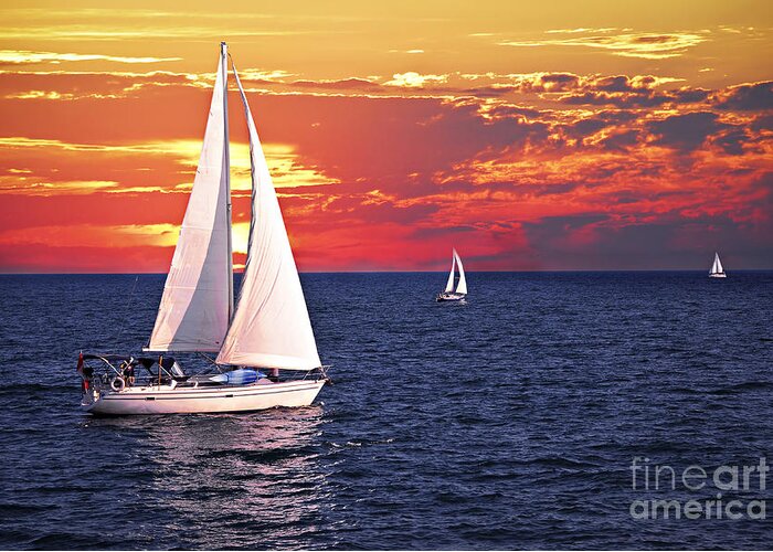 Boat Greeting Card featuring the photograph Sailboats at sunset by Elena Elisseeva