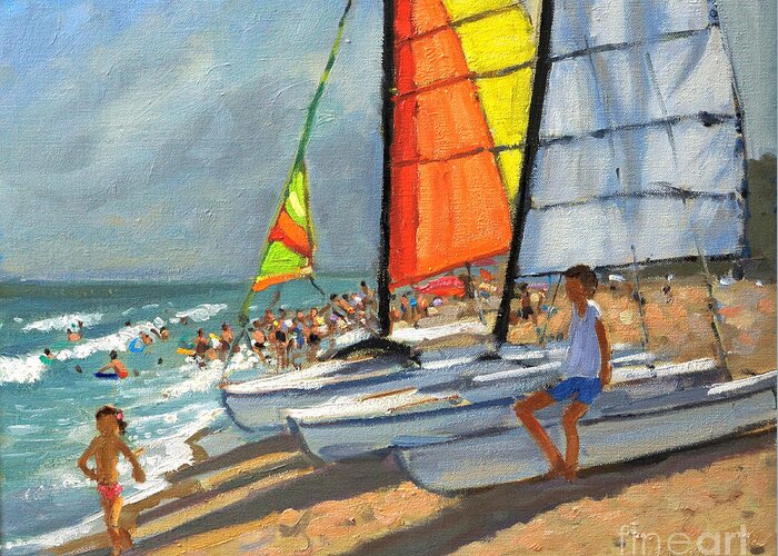 Andrew Macara Greeting Card featuring the painting Sailboats Garrucha Spain by Andrew Macara