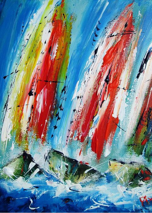 Boats Greeting Card featuring the painting Sailboats on the water by Mary Cahalan Lee - aka PIXI