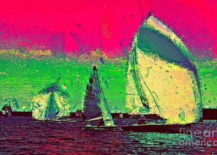 Sailing Day Regatta Greeting Card featuring the photograph Sailing in Shimmer by Julie Lueders 