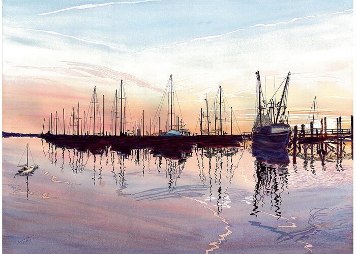 Fiery Sunset Greeting Card featuring the painting Saint Marys Marina  shadows light and fire by Joel Deutsch