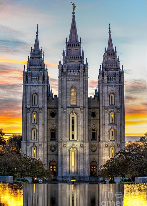 Brigham Young Greeting Card featuring the photograph Salt Lake Temple Sunset by Jerry Fornarotto