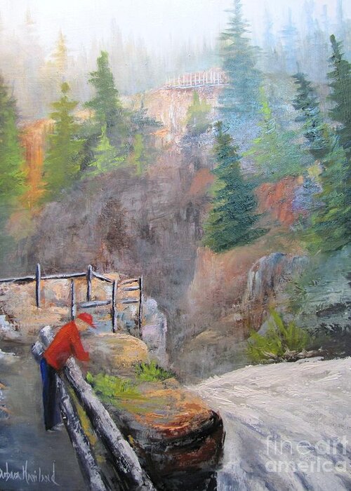 Waterfall Greeting Card featuring the painting Sam At YellowStone National Park by Barbara Haviland