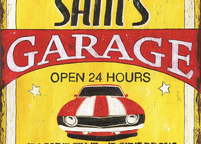 Sam Greeting Card featuring the painting Sam's Garage by Debbie DeWitt