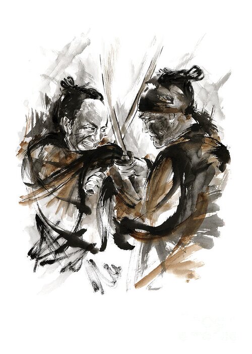 Samurai Watercolor Greeting Card featuring the painting Samurai fight. by Mariusz Szmerdt