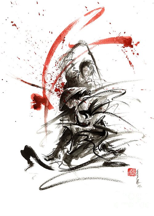 Abstract Samurai Painting Greeting Card featuring the painting Abstract Samurai Painting, Samurai Warrior Poster, Samurai Sword Wallpaper, Samurai Home Decor by Mariusz Szmerdt