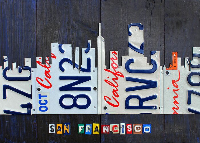 San Greeting Card featuring the mixed media San Francisco California Skyline License Plate Art by Design Turnpike