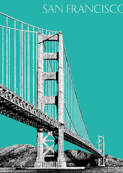 Architecture Greeting Card featuring the digital art San Francisco Skyline Golden Gate Bridge 2 - Teal by DB Artist