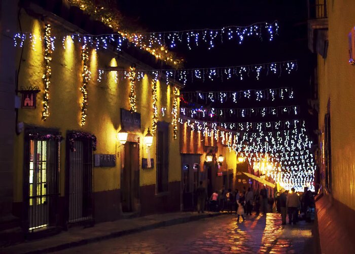  Greeting Card featuring the digital art San Miguel streets at night by Cathy Anderson
