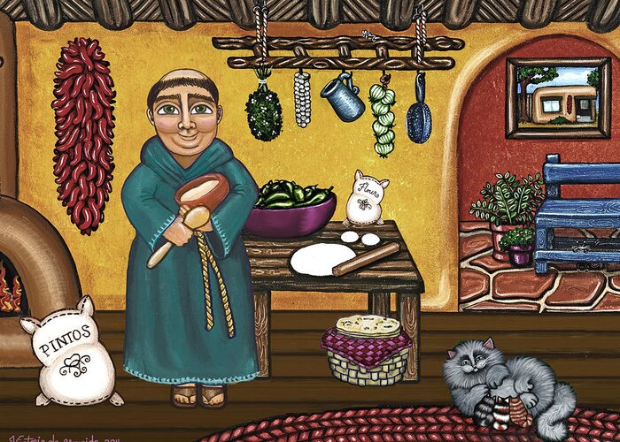 San Pascual Greeting Card featuring the painting San Pascuals Kitchen by Victoria De Almeida