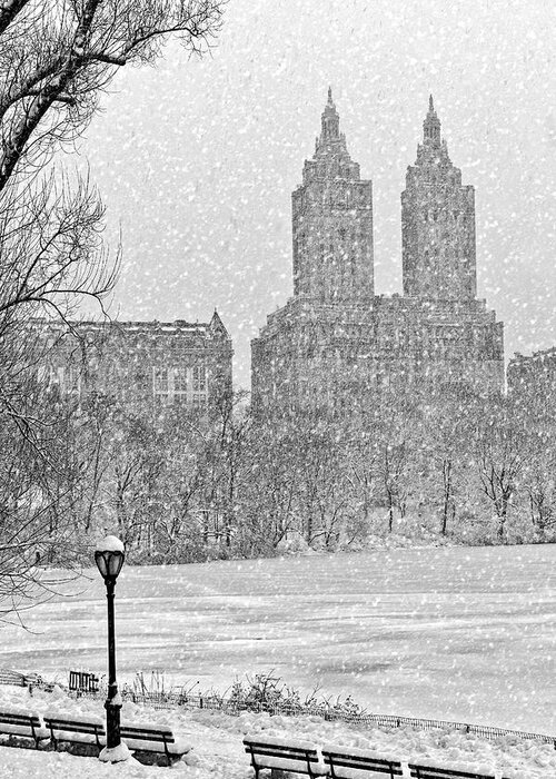 Central Park Greeting Card featuring the photograph San Remo Towers Snow by Susan Candelario