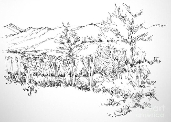 Sandia Mountain's Landscape In New Mexico Greeting Card featuring the drawing Sandia Mountains Landscape New Mexico by Robert Birkenes
