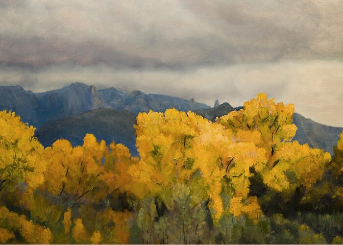 Mountains Greeting Card featuring the painting Sandias from the Bosque by Jack Atkins