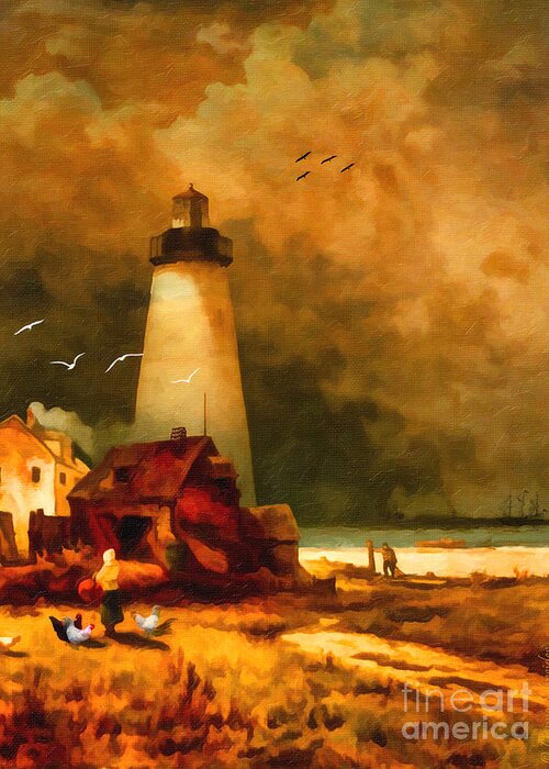 Lighthouse Greeting Card featuring the digital art Sandy Hook Lighthouse - after Moran by Lianne Schneider