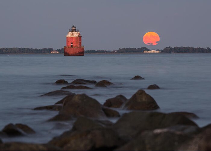 Moonrise Greeting Card featuring the photograph Sandy Point Lighthouse Moonrise by Jennifer Casey