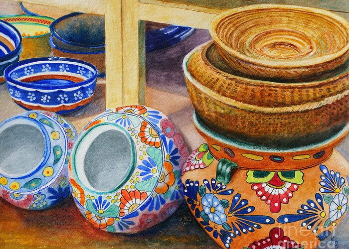 Pots Greeting Card featuring the painting Southwestern Pots and Baskets by Karen Fleschler