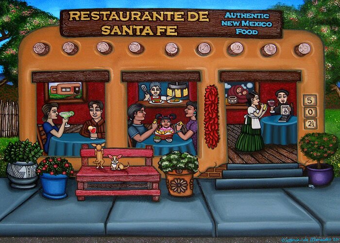 Folk Art Greeting Card featuring the painting Santa Fe Restaurant TYLER by Victoria De Almeida