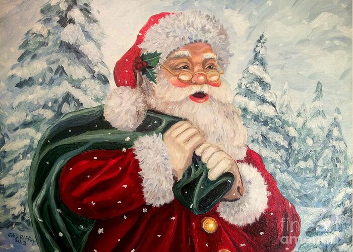 Santa Greeting Card featuring the painting Santa's On His Way by Julie Brugh Riffey