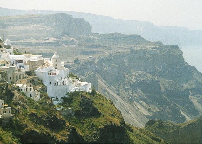 Santorini Greece Cliff Top White Buildings Greeting Card featuring the photograph Santorini by Susie Rieple