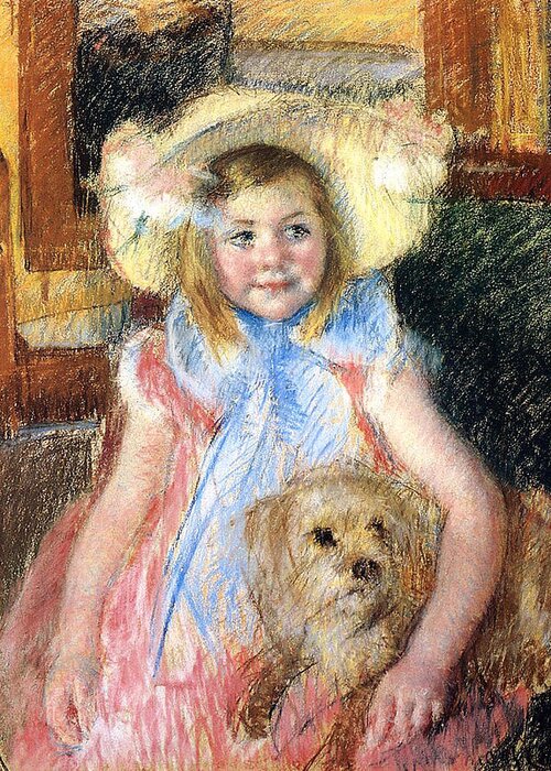 Young Girl Greeting Card featuring the painting Sara and her Dog by Mary Stevenson Cassatt