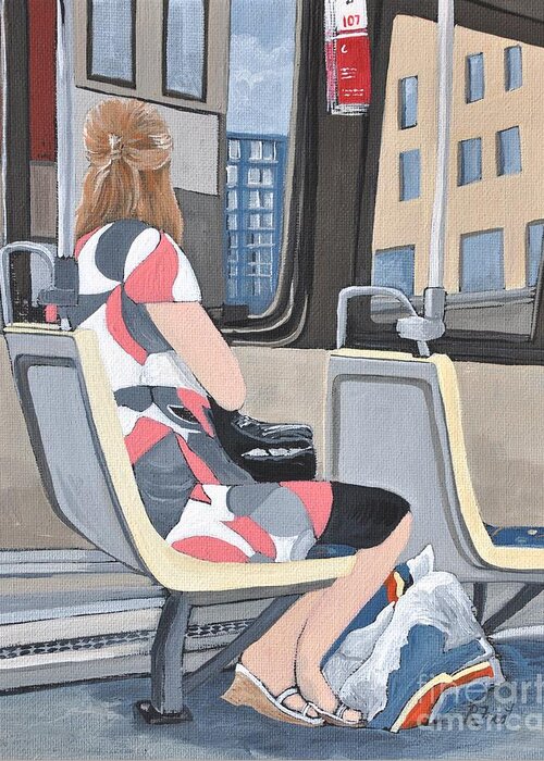 Bus Rides Greeting Card featuring the painting Saturday Morning on the 107 by Reb Frost