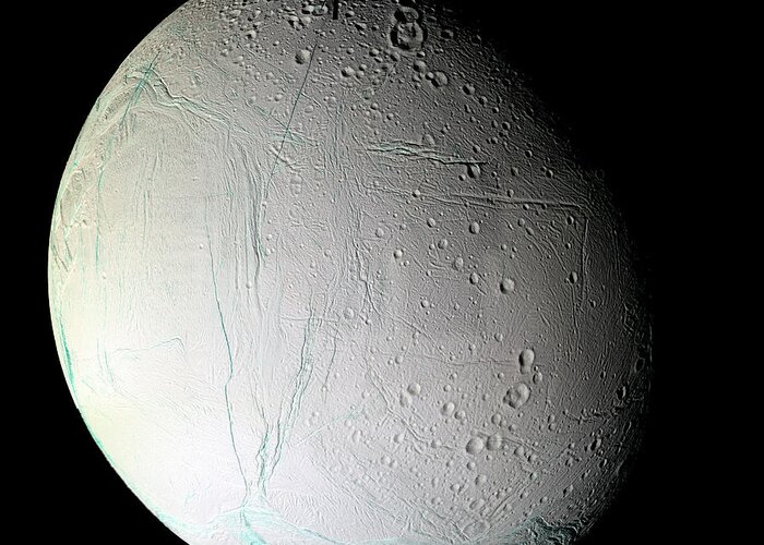 Enceladus Greeting Card featuring the photograph Saturn's Moon Enceladus by Nasa/jpl/ssi/science Photo Library