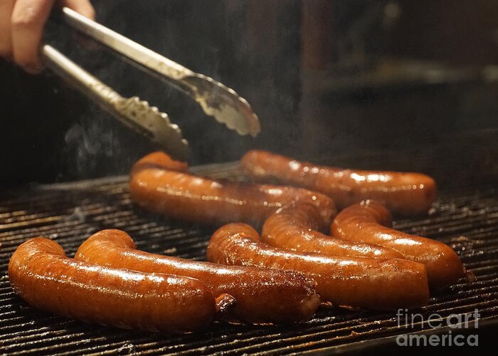 Food Greeting Card featuring the photograph Sausages by Inge Riis McDonald