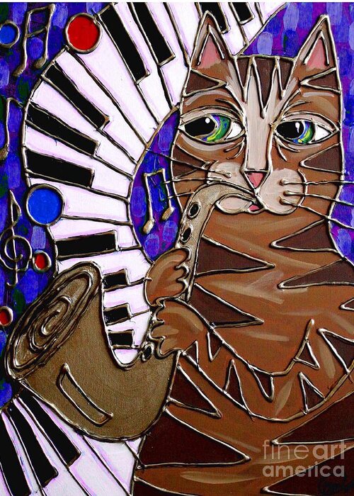 Cat Greeting Card featuring the painting Sax Cat 2 by Cynthia Snyder