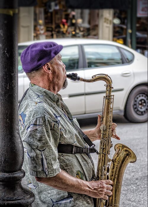 Hat Greeting Card featuring the photograph Sax In The Street by Jim Shackett