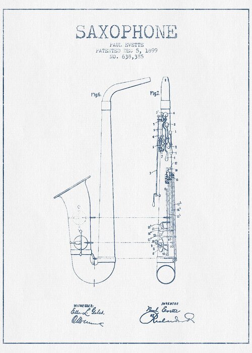Saxophone Greeting Card featuring the digital art Saxophone Patent Drawing From 1899 - Blue Ink by Aged Pixel