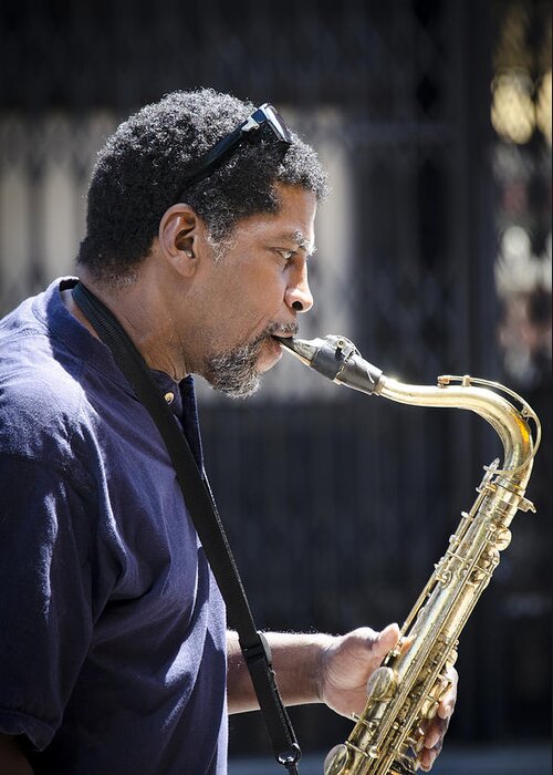 Saxophone Greeting Card featuring the photograph Saxophone Player by Carolyn Marshall