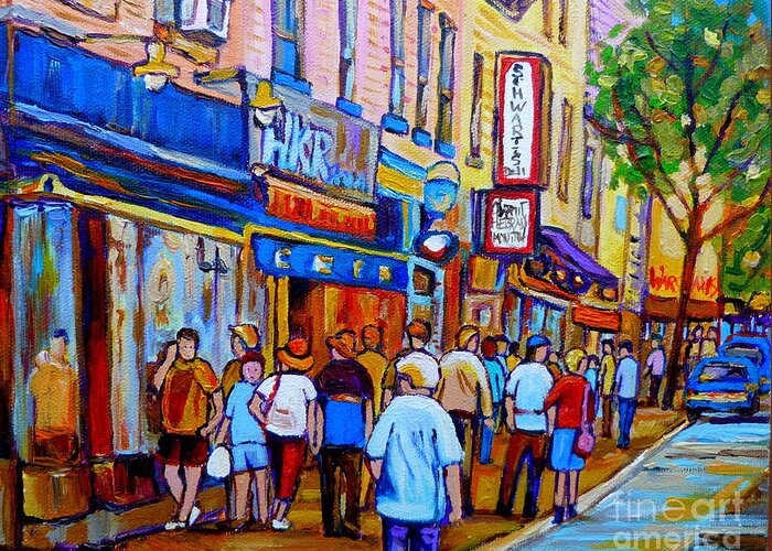 Montreal Greeting Card featuring the painting Schwartzs Hebrew Deli Montreal Urban Scene by Carole Spandau
