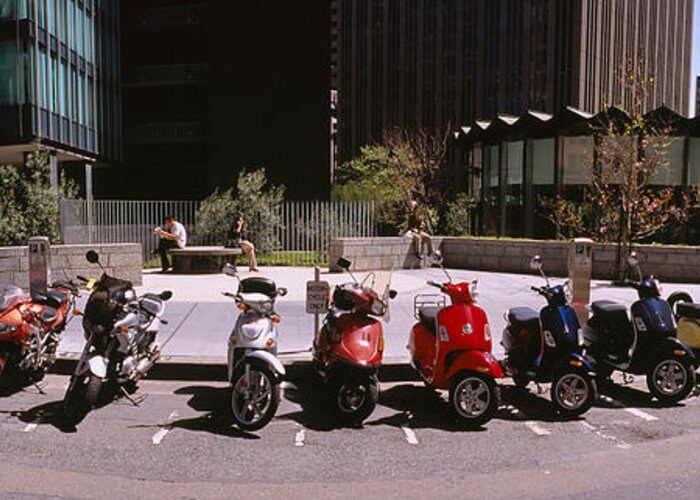 Photography Greeting Card featuring the photograph Scooters And Motorcycles Parked by Panoramic Images