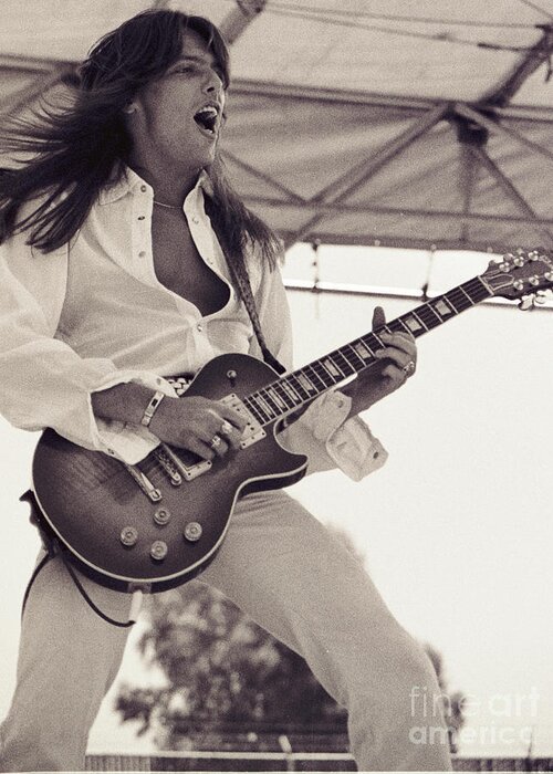 Scott Gorham Greeting Card featuring the photograph Scott Gorham of Thin Lizzy Black Rose tour at Day on the Green 4th of July 1979 by Daniel Larsen