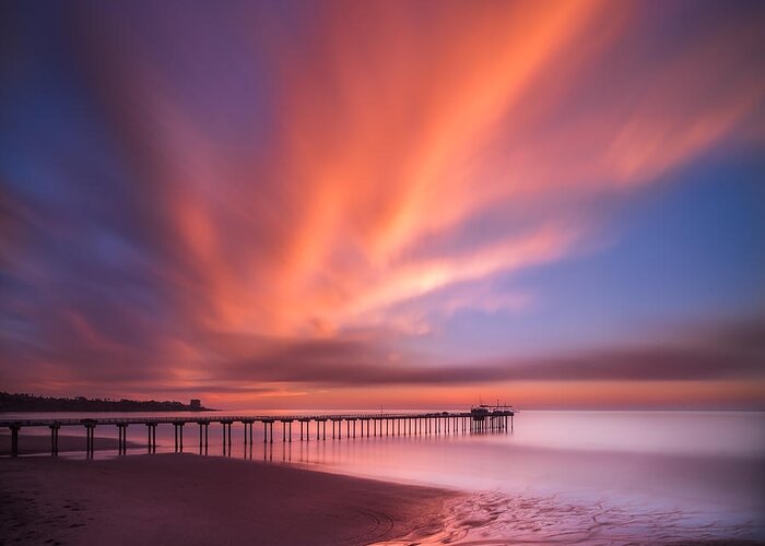 California; Long Exposure; Ocean; Reflection; San Diego; Seascape; Sky; Sunset; Surf; Clouds; Southern California; Water; Pier; Scripps; Reef; Waves; Reflections Greeting Card featuring the photograph Scripps Pier Sunset - Square by Larry Marshall