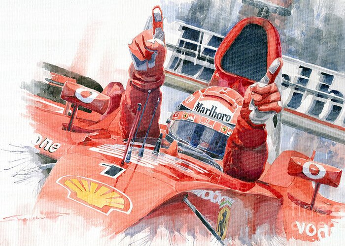 Watercolor Greeting Card featuring the painting 2001 Scuderia Ferrari Marlboro F 2001 Ferrari 050 M Schumacher by Yuriy Shevchuk