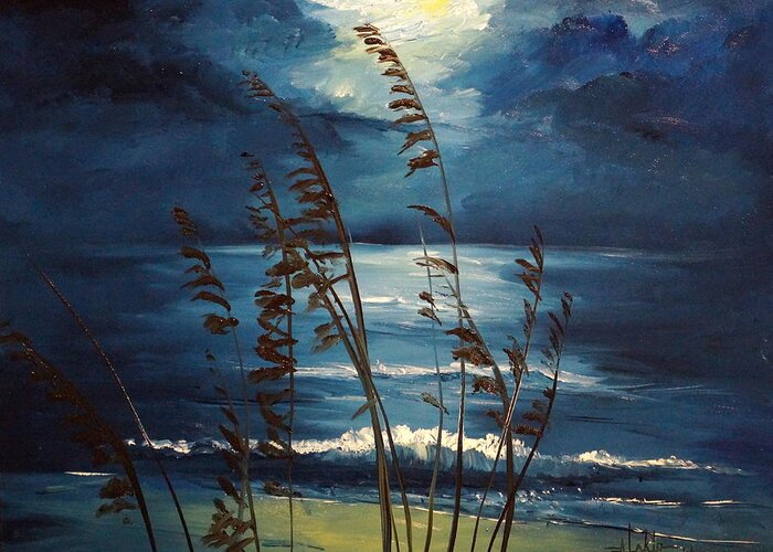 Seascape Greeting Card featuring the painting Sea Oats and Moonlight by Alan Lakin