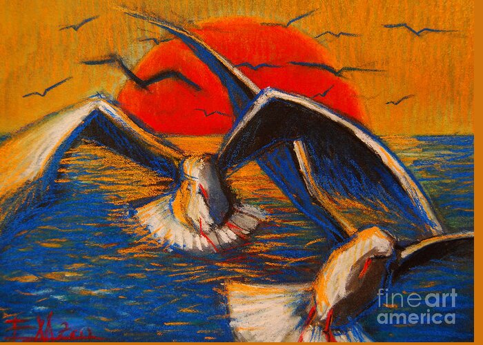 The Seagulls Greeting Card featuring the pastel Seagulls At Sunset by Mona Edulesco