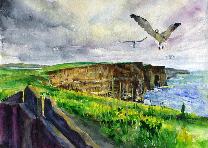 Cliffs Of Moher Greeting Card featuring the painting Seagulls at the Cliffs of Moher by John D Benson