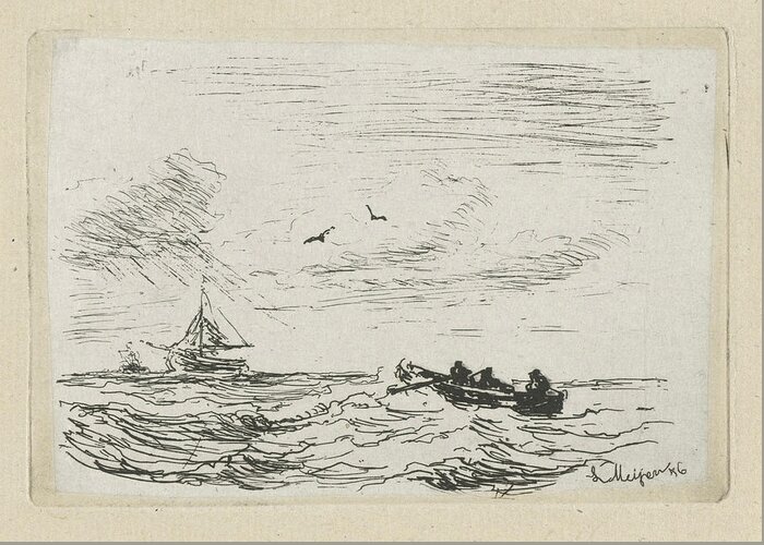 Rowing-boat Greeting Card featuring the drawing Seascape With A Sailing And Rowing, Print Maker Louis Meijer by Louis Meijer