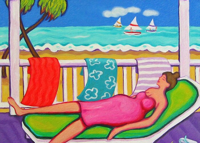 Whimsical Beach Greeting Card featuring the painting Seaside Siesta by Rebecca Korpita