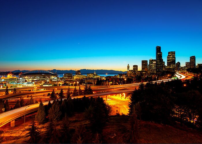  Seattle Down Town Greeting Card featuring the photograph Seattle evening glow by Hisao Mogi
