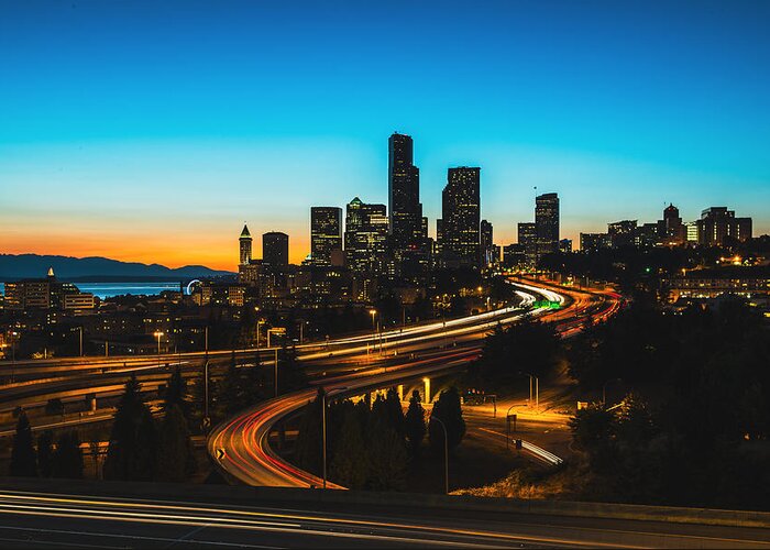 Seattle Down Town Greeting Card featuring the photograph Seattle in Sunset color by Hisao Mogi